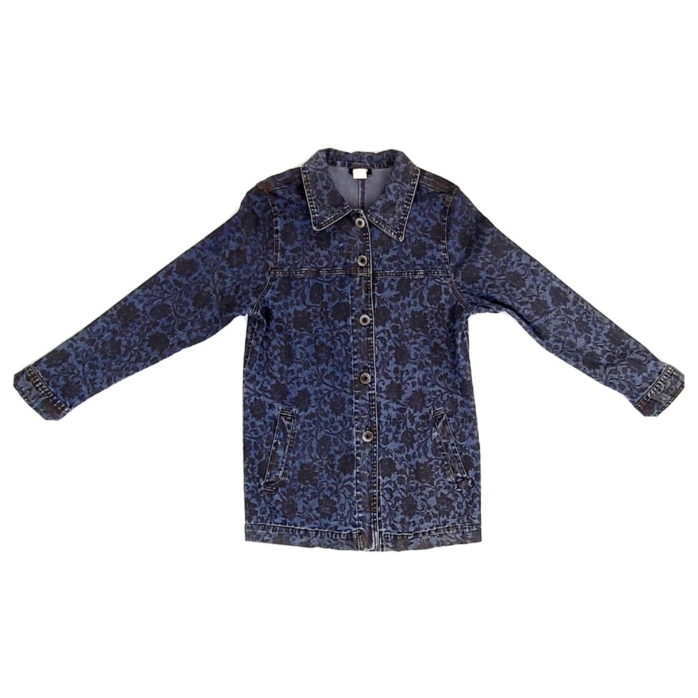 NADIA Blue Jean Jacket With Black Floral Design Button Up Size Large Made in USA